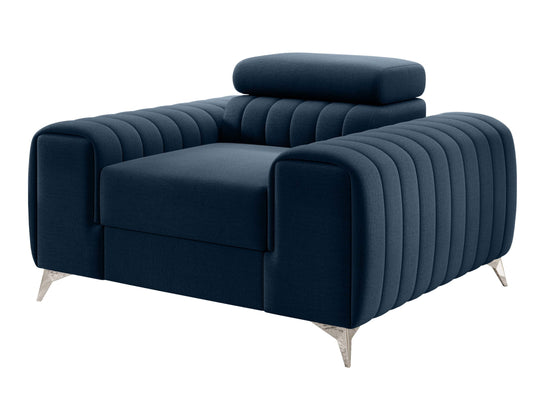 Fotel Laurence w kolorze Nube 40 granatowy – nowoczesny design z pikowanymi bokami i metalowymi nogami.