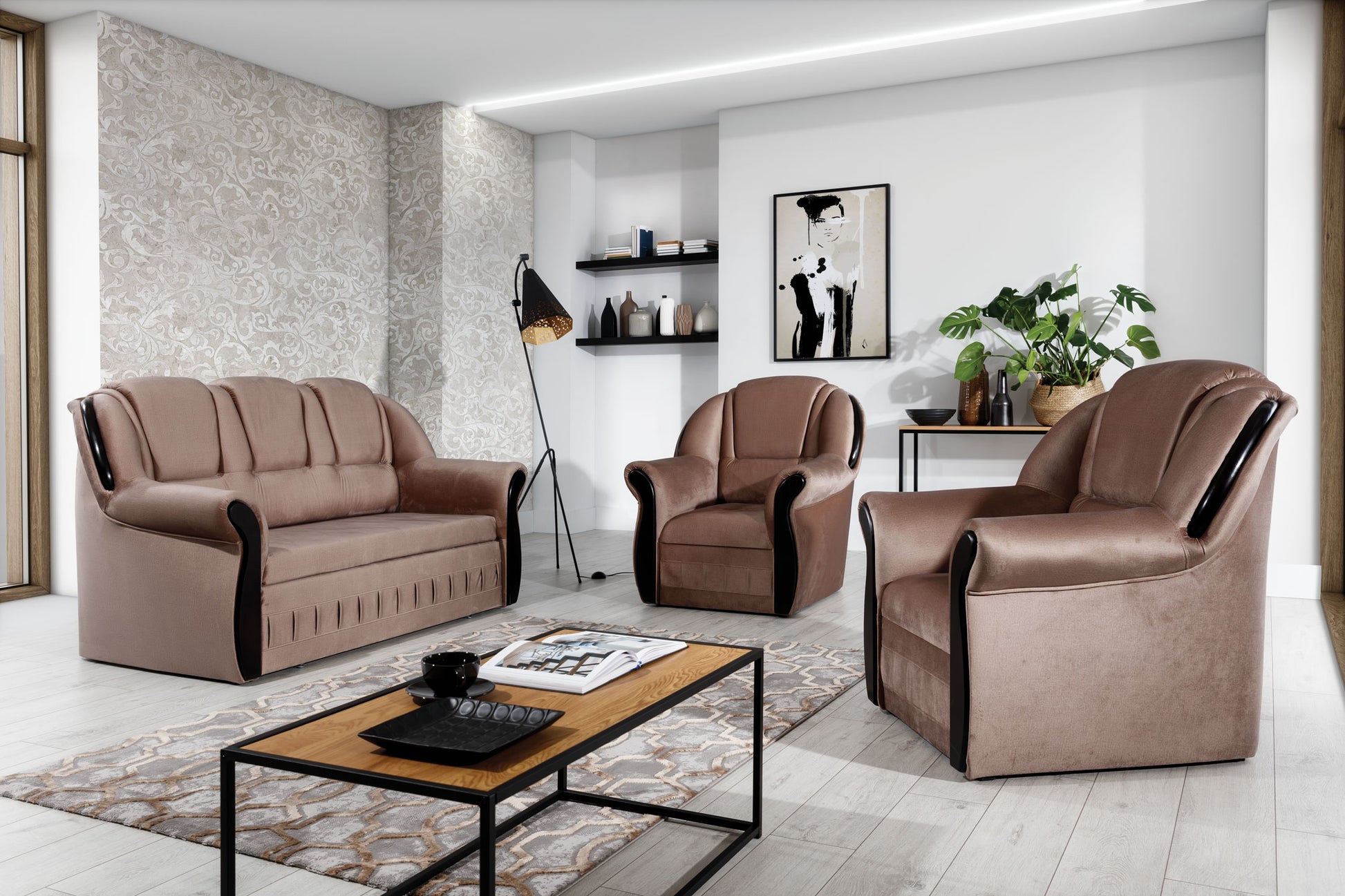 Zestaw wypoczynkowy Lord Monolith 09 jasnobrązowy – sofa i fotele w eleganckim salonie o nowoczesnym wystroju.