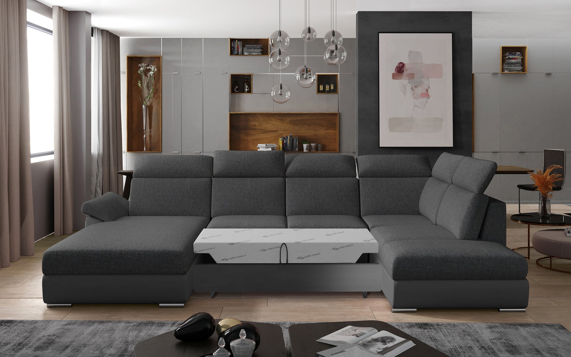 Praktyczny narożnik do salonu Evanell w odcieniu ciemnoszarym z tapicerką Inari 96 oraz Soft 29 wyróżnia się dużą powierzchnią użytkową i eleganckim wykończeniem, tworząc przyjazną przestrzeń do codziennego relaksu