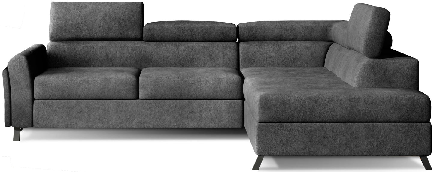 Model Kairos prawy Dora 95 w kolorze ciemnoszarym to praktyczna sofa narożna do pokoju dziennego, która łączy spokojną kolorystykę, nowoczesną prostą bryłę i komfort codziennego wypoczynku.
