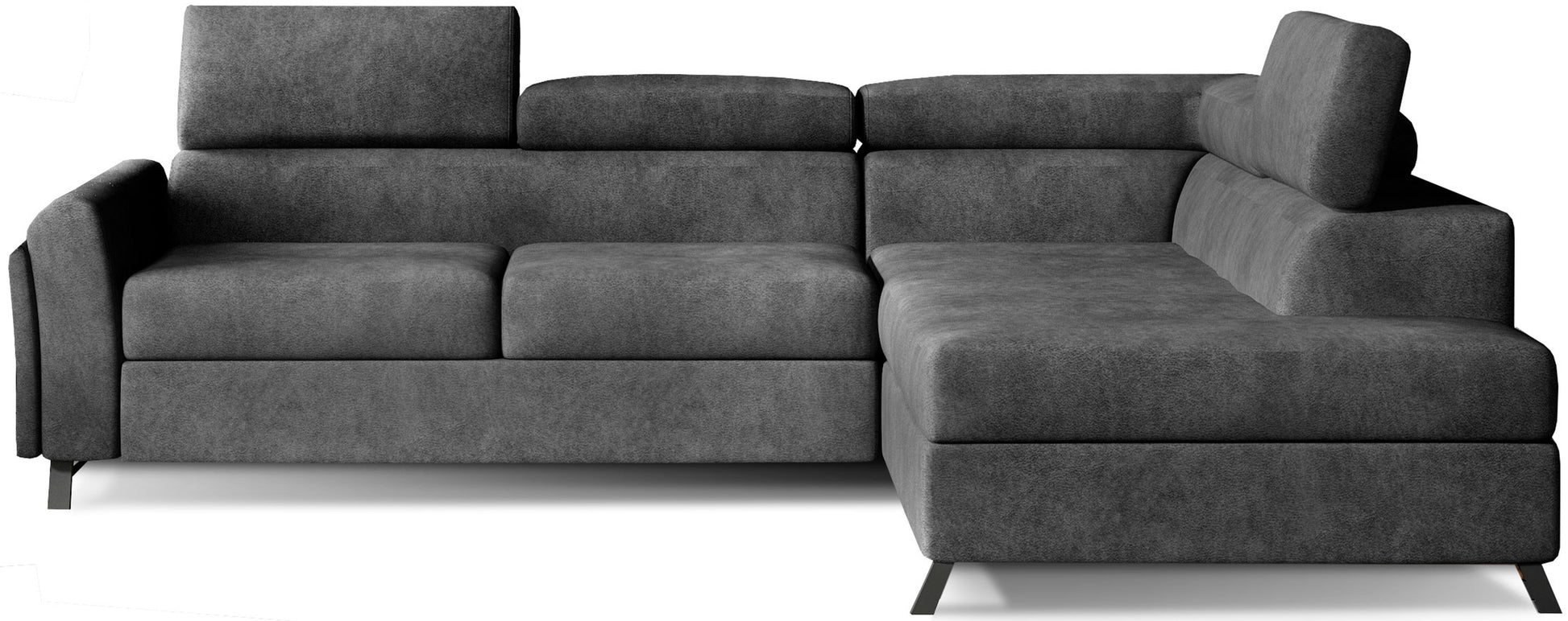 Model Kairos prawy Dora 95 w kolorze ciemnoszarym to praktyczna sofa narożna do pokoju dziennego, która łączy spokojną kolorystykę, nowoczesną prostą bryłę i komfort codziennego wypoczynku.