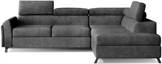 Model Kairos prawy Dora 95 w kolorze ciemnoszarym to praktyczna sofa narożna do pokoju dziennego, która łączy spokojną kolorystykę, nowoczesną prostą bryłę i komfort codziennego wypoczynku.