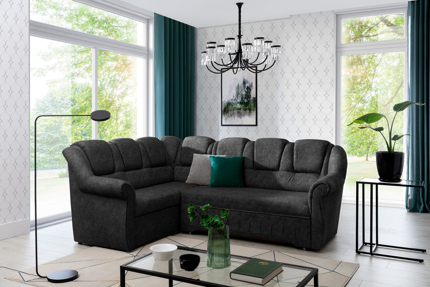 Narożnik Lord II Dora 95 w grafitowym kolorze prezentujący miękkie siedziska oraz komfortowe oparcia. Designerski narożnik wypoczynkowy do salonu idealny do wnętrz loftowych, modern classic i eleganckich aranżacji.