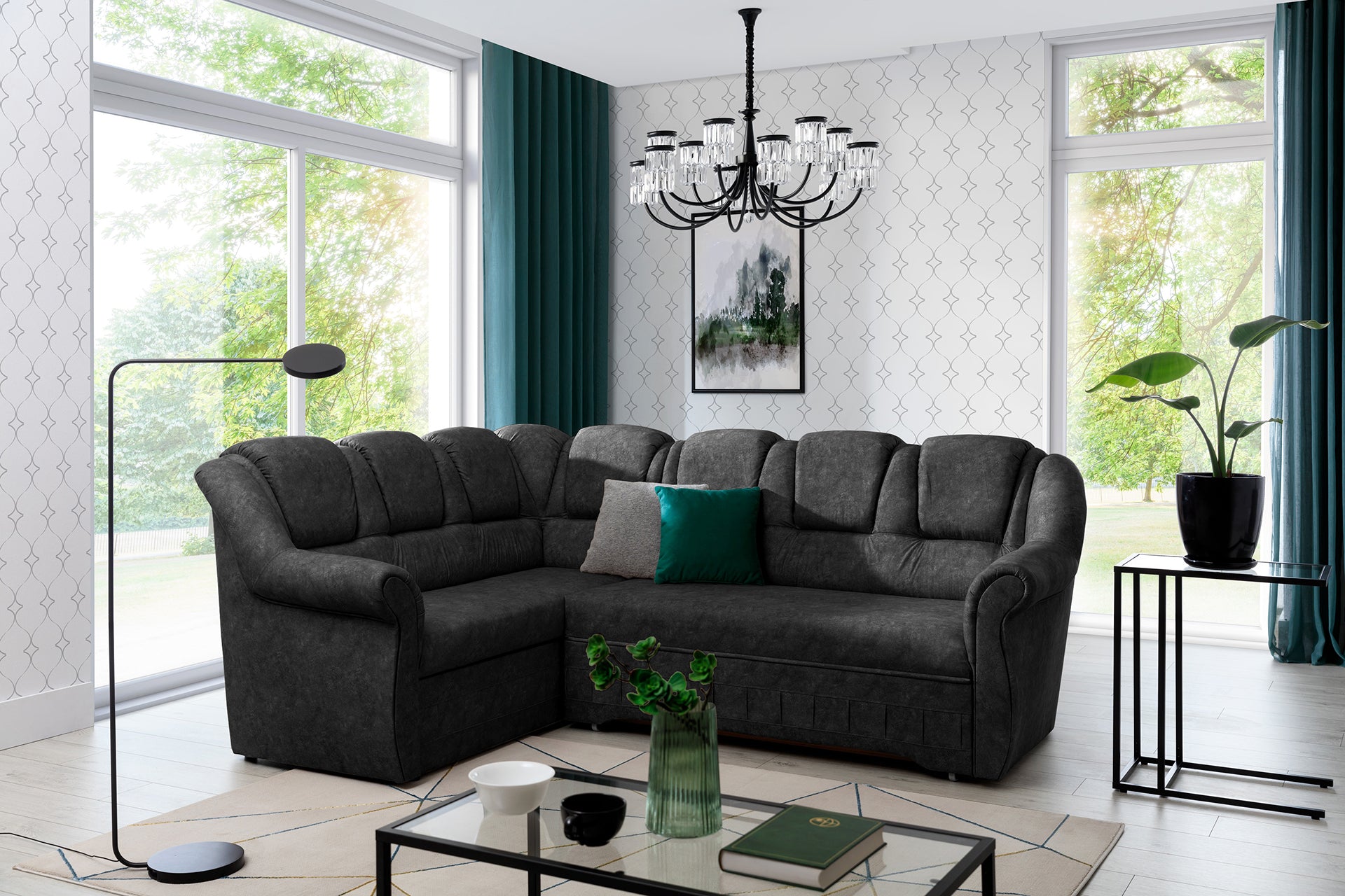 Narożnik Lord II Dora 95 w grafitowym kolorze prezentujący miękkie siedziska oraz komfortowe oparcia. Designerski narożnik wypoczynkowy do salonu idealny do wnętrz loftowych, modern classic i eleganckich aranżacji.