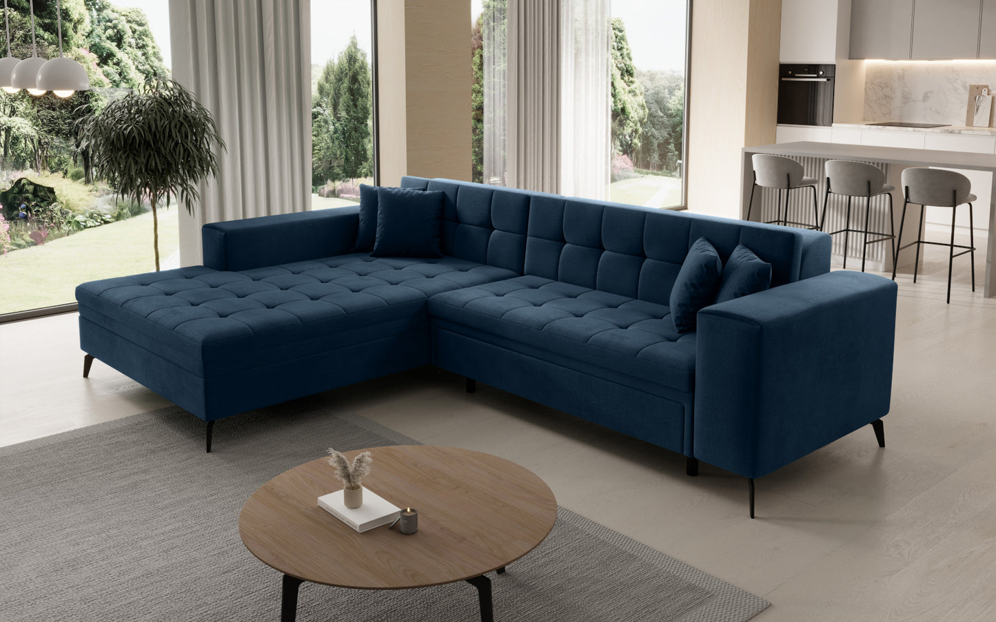 Narożnik Solange lewostronny w kolorze granatowym Monolith 77 to stylowy mebel wypoczynkowy do salonu, który oferuje wygodne siedziska i nowoczesny design dopasowany do różnych aranżacji.