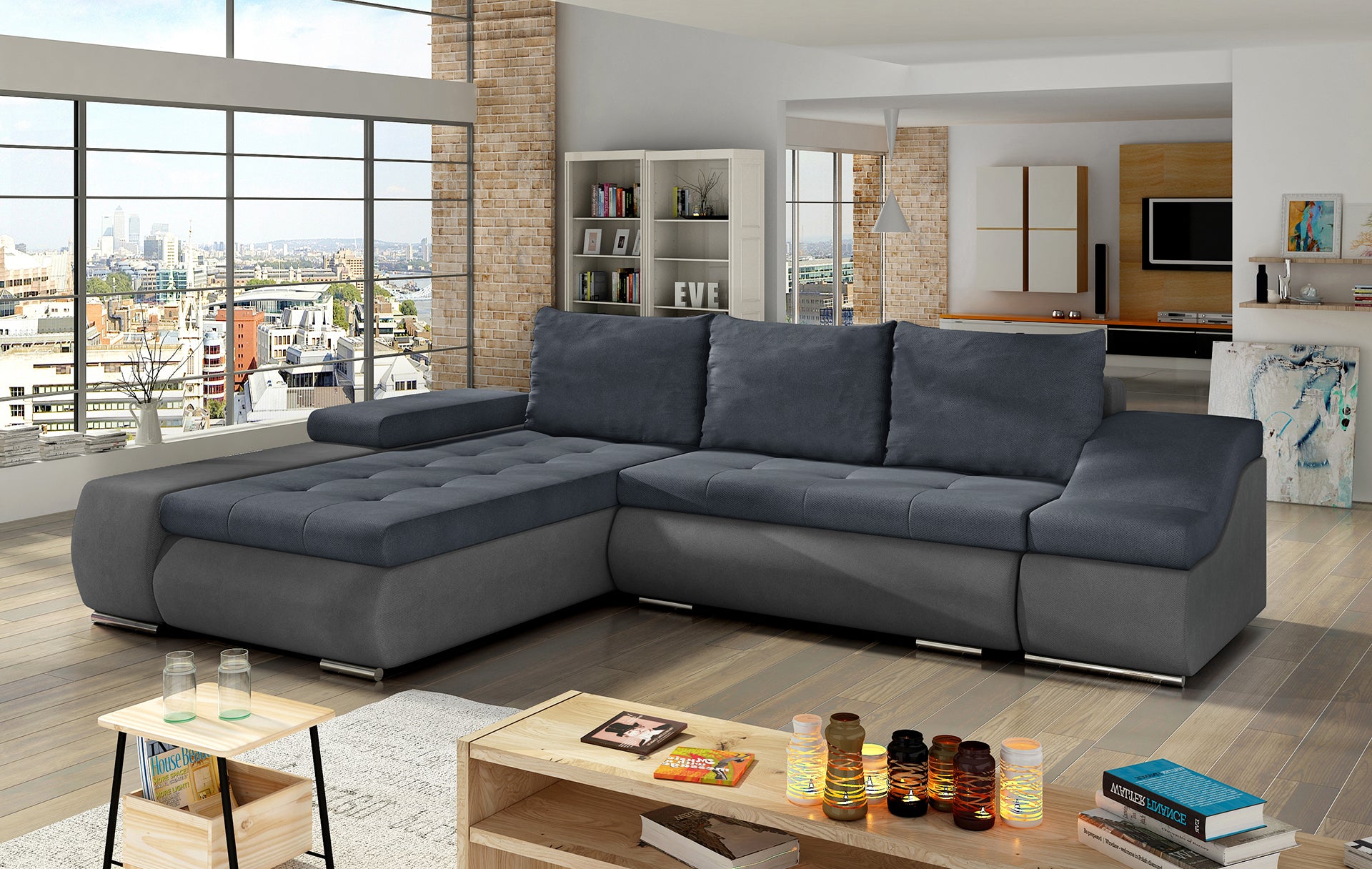 Granatowo-szara sofa narożna Ontario wykonana z materiałów Soro 76 i Soro 93 to stylowy wybór do salonu, który łączy funkcjonalność z modnym designem oraz wygodą użytkowania na co dzień