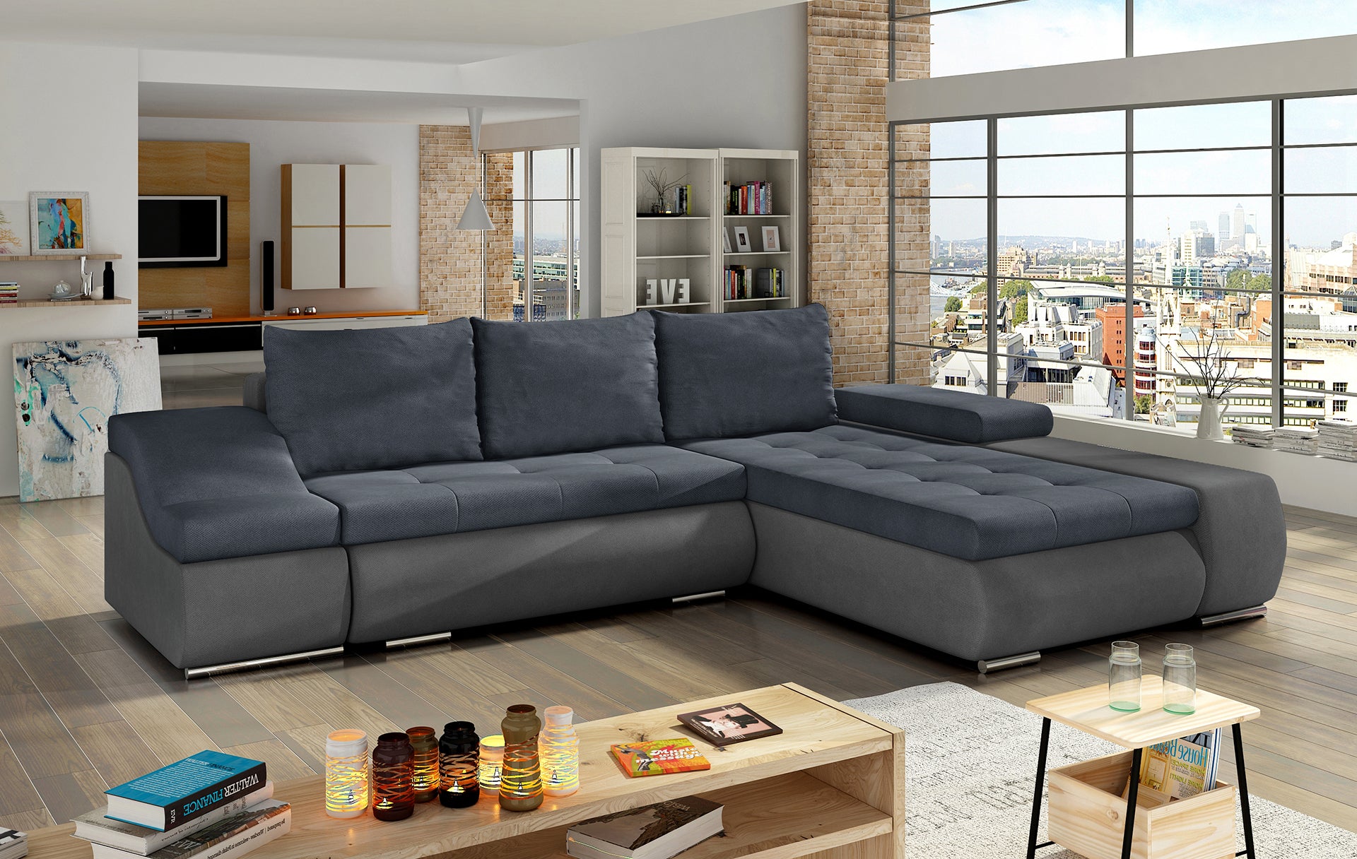 Granatowo-szara sofa narożna Ontario wykonana z materiałów Soro 76 i Soro 93 to funkcjonalny mebel do salonu, który łączy komfort użytkowania z modnym designem i eleganckim wykończeniem