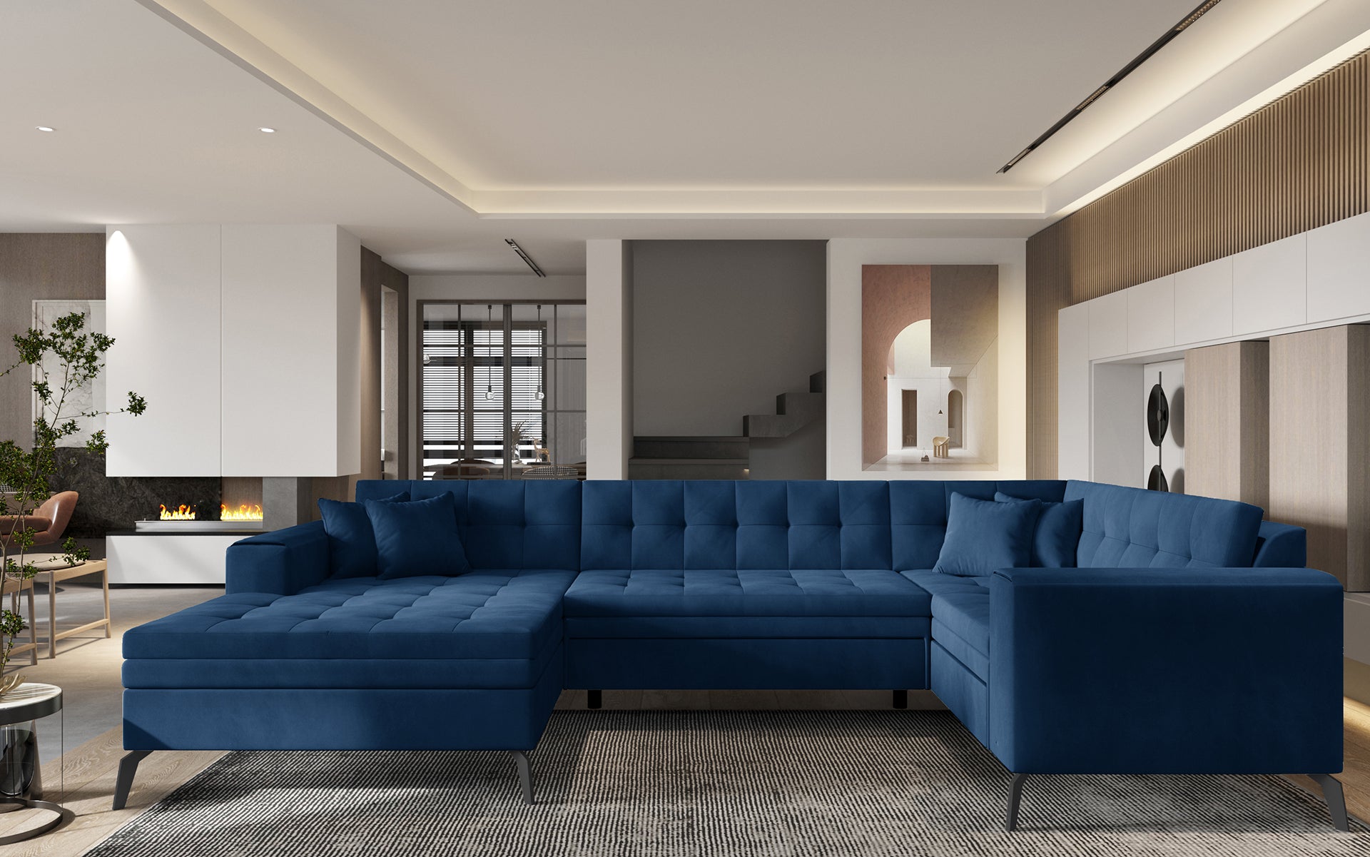 Sofa narożna Montez w głębokim granatowym kolorze wykonana z materiału Nube 40 doskonale podkreśla charakter nowoczesnych wnętrz, zapewniając komfortowy wypoczynek i stylowy wygląd dopasowany do salonu