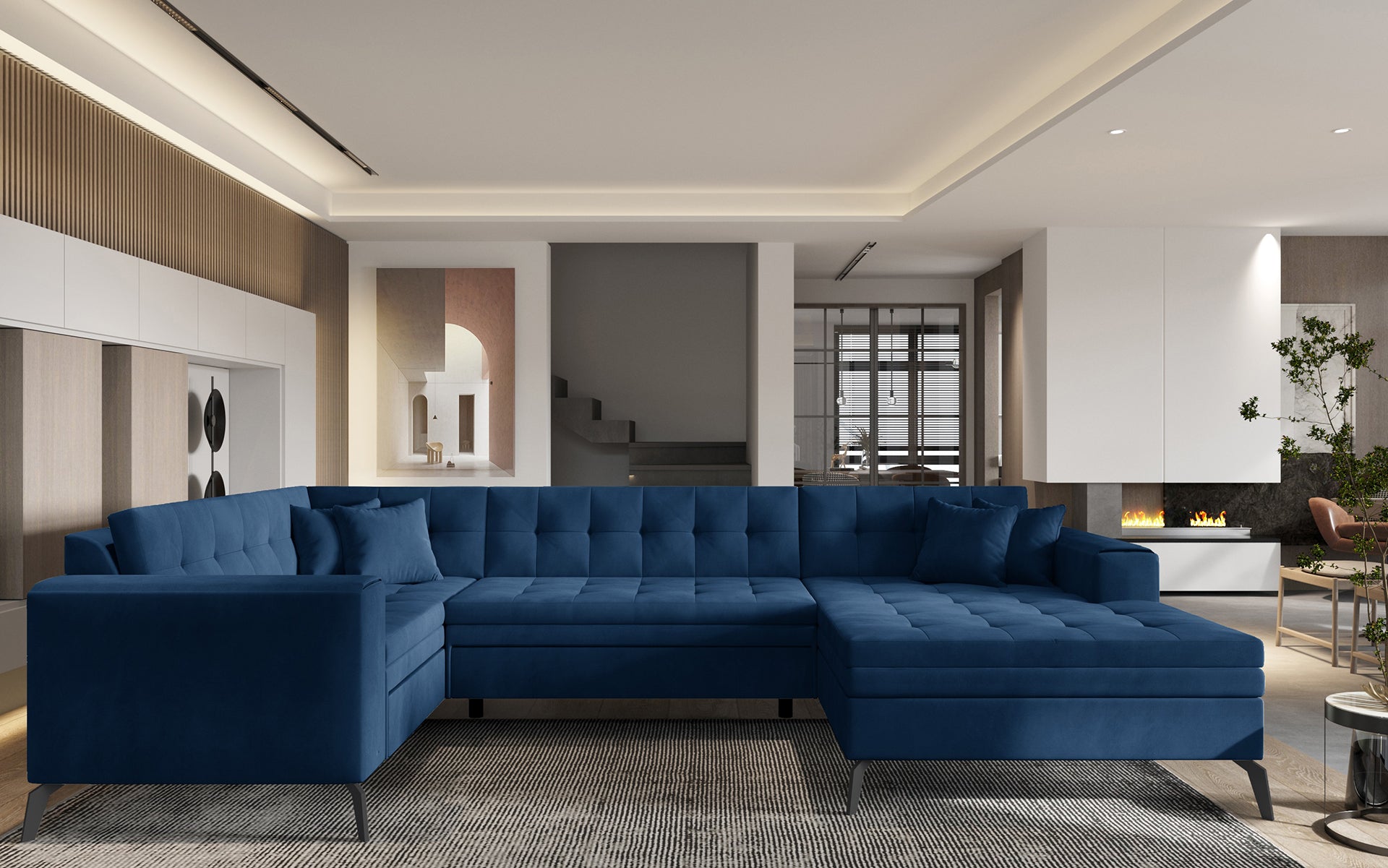 Granatowa sofa narożna Montez wykonana z materiału Nube 40 doskonale sprawdzi się w przestronnym salonie, oferując komfortowe siedziska oraz estetyczny wygląd dopasowany do nowoczesnych aranżacji wnętrz