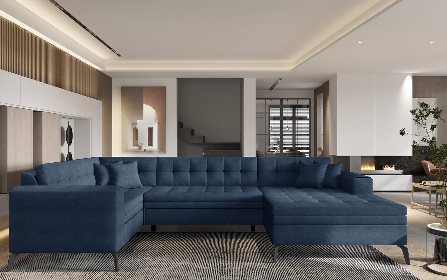 Granatowa sofa narożna Montez wykonana z materiału Poco 40 to idealne rozwiązanie do dużego salonu, oferujące wygodne siedziska, miękkie poduszki oraz nowoczesny wygląd dopasowany do rodzinnej przestrzeni