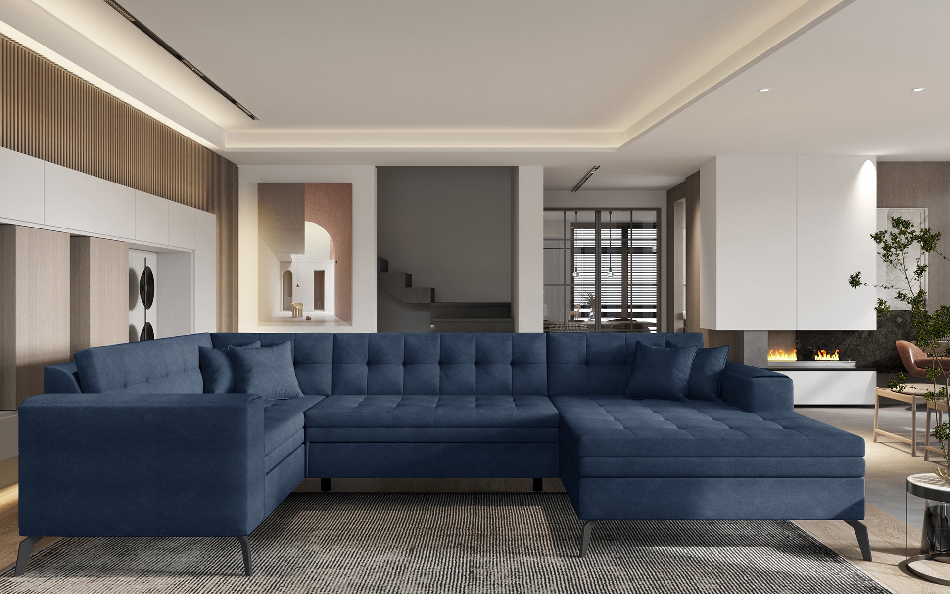 Granatowa sofa narożna Montez wykonana z materiału Poco 40 to idealne rozwiązanie do dużego salonu, oferujące wygodne siedziska, miękkie poduszki oraz nowoczesny wygląd dopasowany do rodzinnej przestrzeni
