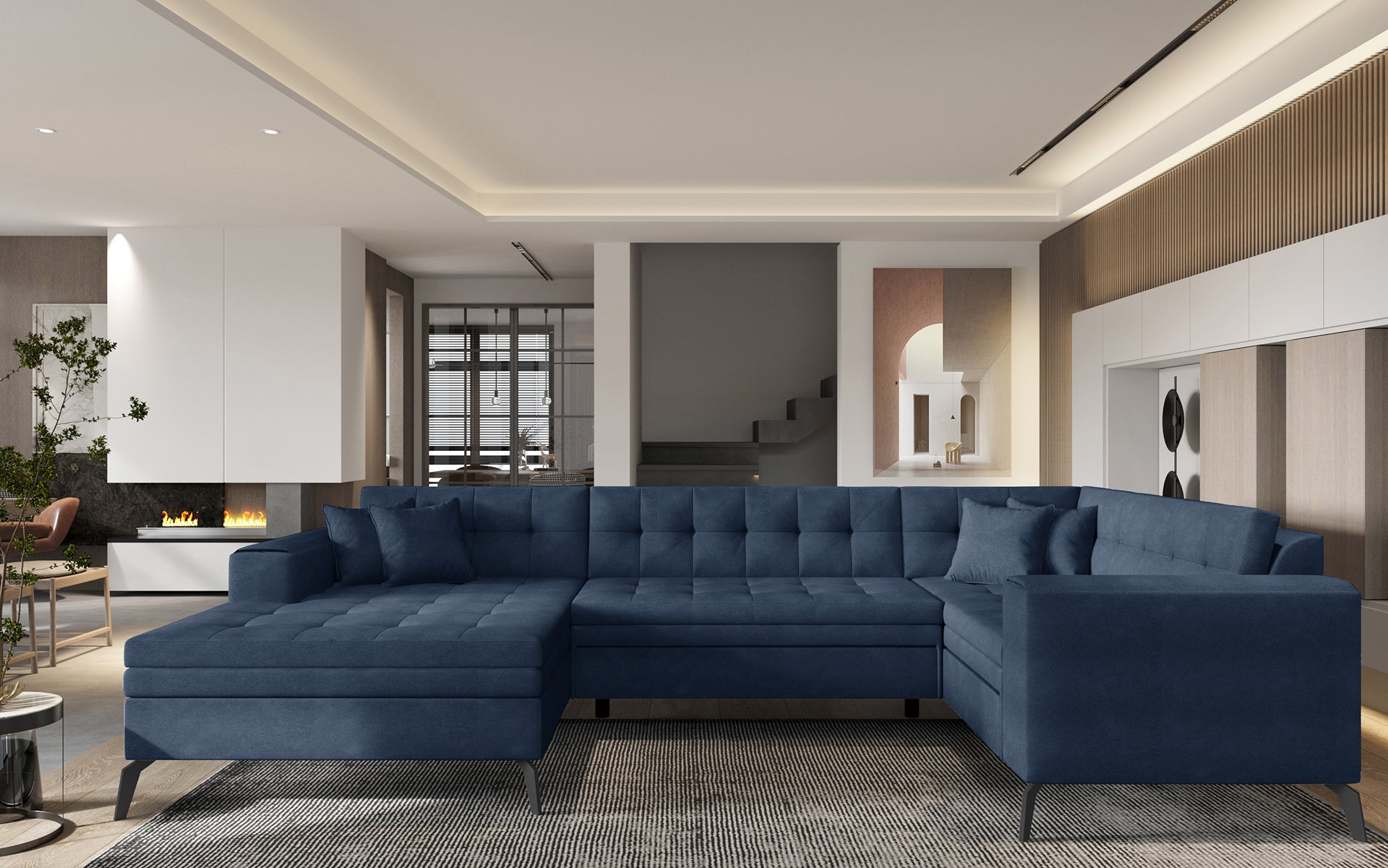 Granatowa sofa narożna Montez wykonana z materiału Poco 40 doskonale sprawdzi się w salonie, oferując komfortowe siedziska oraz estetyczny wygląd dopasowany do nowoczesnych i eleganckich aranżacji