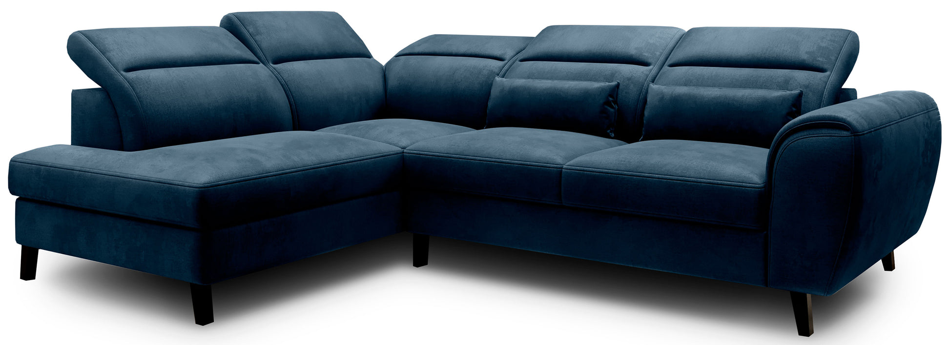 Granatowy narożnik Noble lewy w tkaninie Nube 40 z regulowanymi zagłówkami oraz elegancką bryłą na wysokich czarnych nóżkach. Stylowy narożnik do salonu idealny do wnętrz modern, loftowych i minimalistycznych aranżacji.