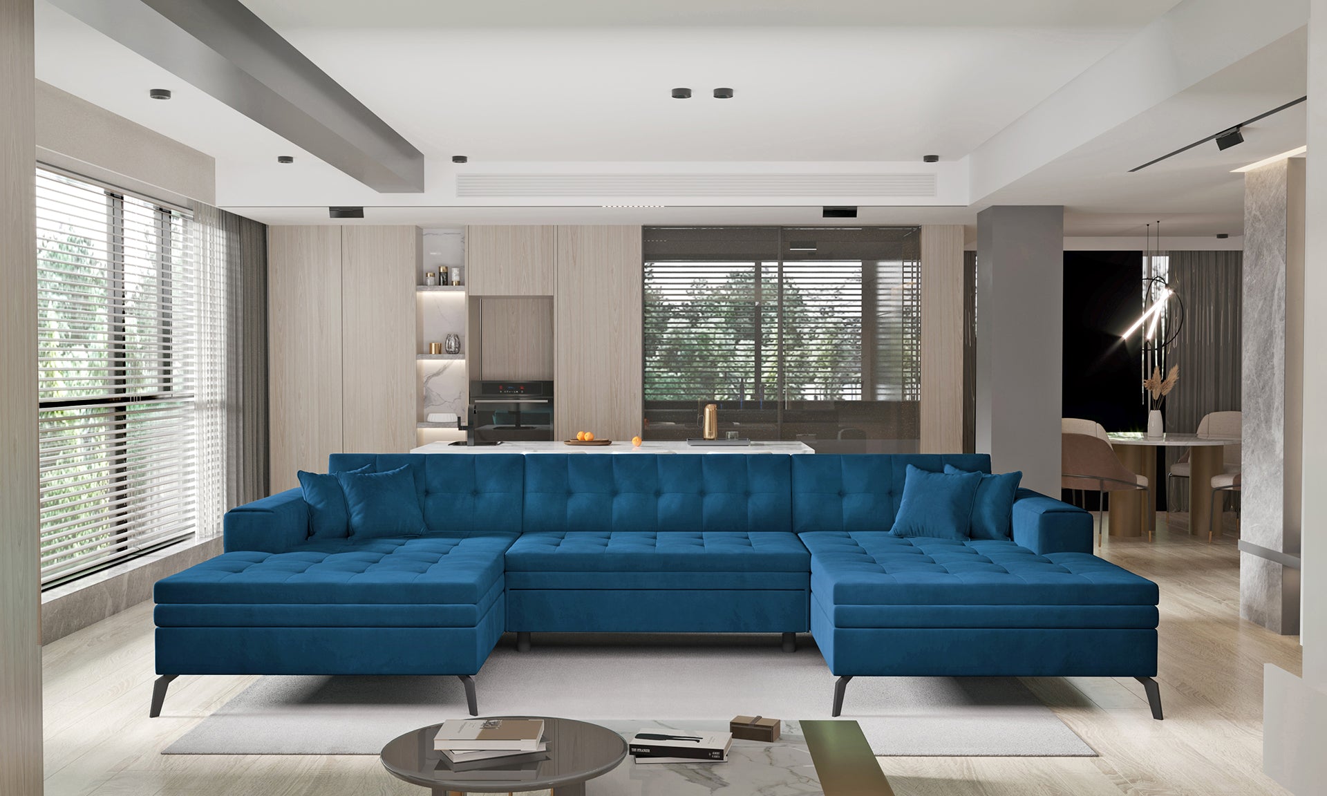 Granatowa sofa narożna Vertizo wykonana z materiału Nube 40 to idealny wybór dla osób poszukujących komfortowego mebla do salonu, który łączy funkcjonalność z modnym kolorem i ponadczasowym designem