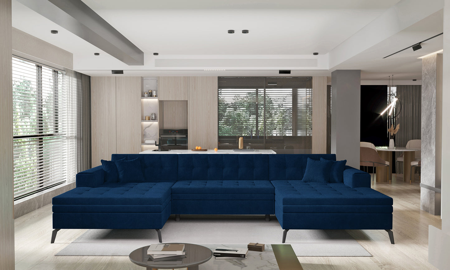 Granatowa sofa narożna Vertizo wykonana z przyjemnej w dotyku tkaniny Velvetmat 40 to idealny wybór do salonu, oferujący dużą powierzchnię do siedzenia, komfortowe poduszki oraz nowoczesny design dopasowany do aktualnych trendów wnętrzarskich