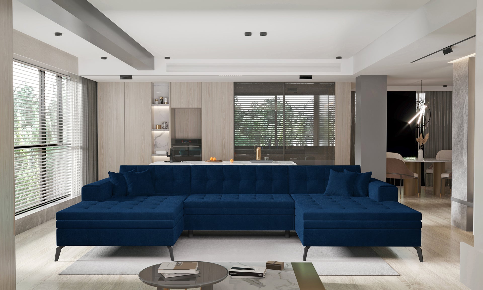 Granatowa sofa narożna Vertizo wykonana z przyjemnej w dotyku tkaniny Velvetmat 40 to idealny wybór do salonu, oferujący dużą powierzchnię do siedzenia, komfortowe poduszki oraz nowoczesny design dopasowany do aktualnych trendów wnętrzarskich