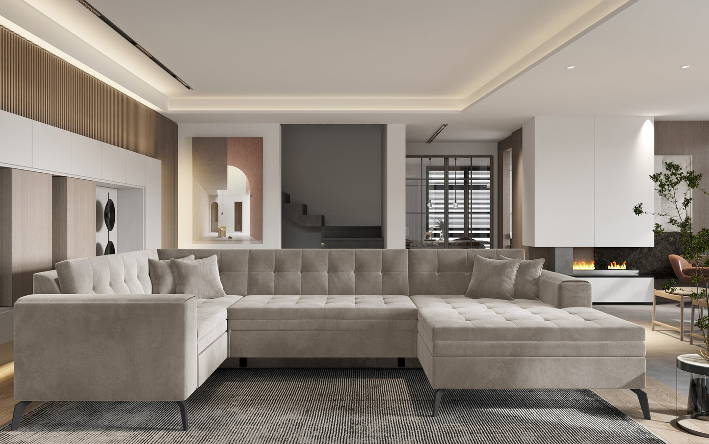 Jasnobeżowa sofa narożna Montez wykonana z materiału Sola 18 doskonale sprawdzi się w nowoczesnych wnętrzach, zapewniając komfort użytkowania i estetyczny wygląd dopasowany do jasnych aranżacji salonu