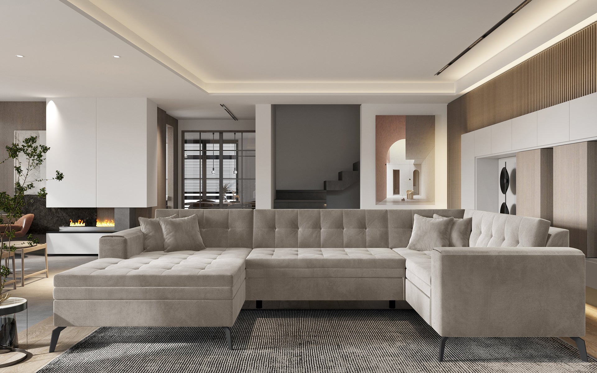 Jasnobeżowa sofa narożna Montez wykonana z materiału Sola 18 doskonale wpisuje się w nowoczesne i przytulne aranżacje, oferując wygodne siedziska oraz estetyczny wygląd dopasowany do jasnych przestrzeni