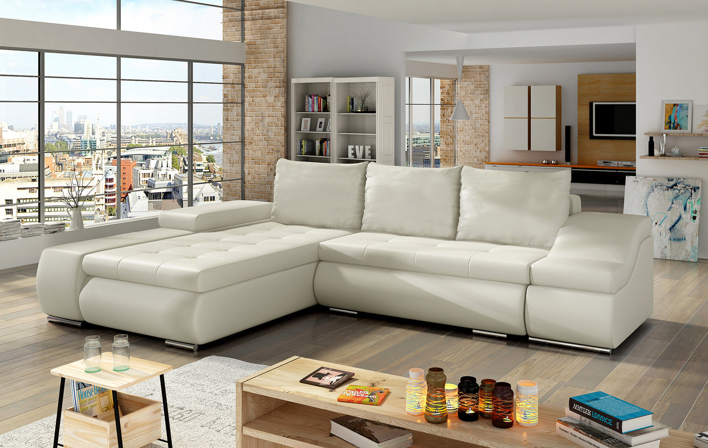 Sofa narożna Ontario w delikatnym odcieniu beżu z materiału Soft 33 doskonale sprawdzi się w nowoczesnym salonie, zapewniając komfort użytkowania oraz estetyczny wygląd dopasowany do jasnych aranżacji wnętrz