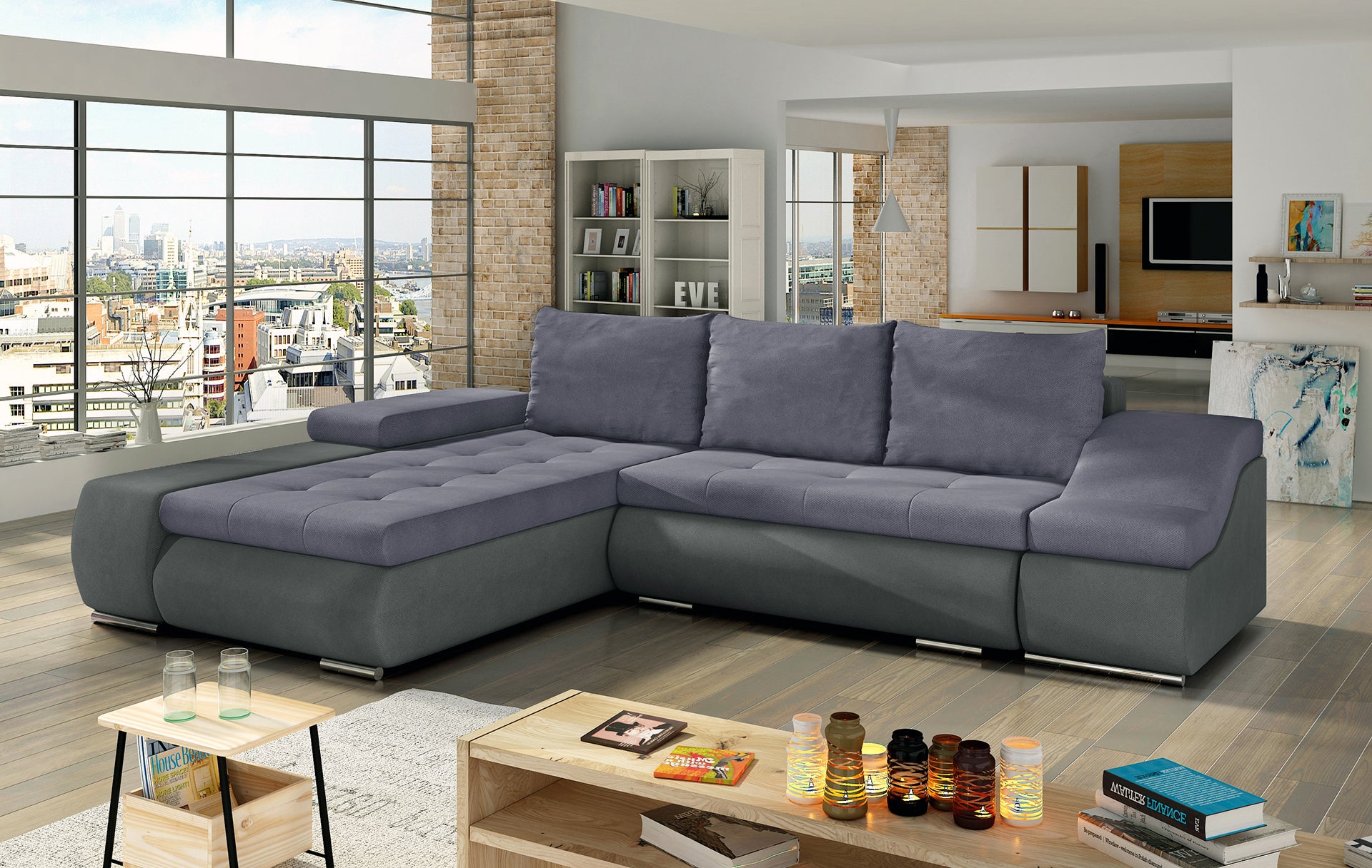 Jasnofioletowo-szara sofa narożna Ontario wykonana z materiałów Soro 65 i Soro 93 wyróżnia się delikatną kolorystyką i komfortowymi siedziskami, tworząc przytulną przestrzeń do relaksu w domowym wnętrzu