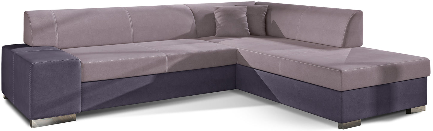Jasnoróżowa sofa narożna Porto wykonana z materiałów Soro 61 i Soro 65 w układzie prawym doskonale sprawdzi się w przytulnych i nowoczesnych wnętrzach, oferując wygodne miejsce do relaksu oraz subtelny, kobiecy charakter