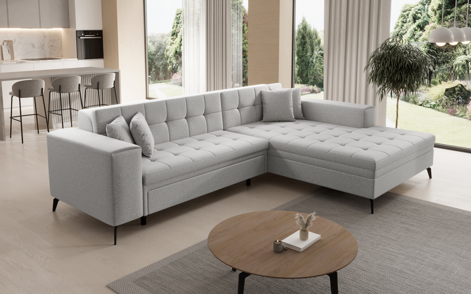 Narożnik Solange prawostronny w kolorze jasnoszarym Cover 02 to stylowy mebel wypoczynkowy do salonu, który oferuje wygodne siedziska i elegancki design dopasowany do współczesnych aranżacji.