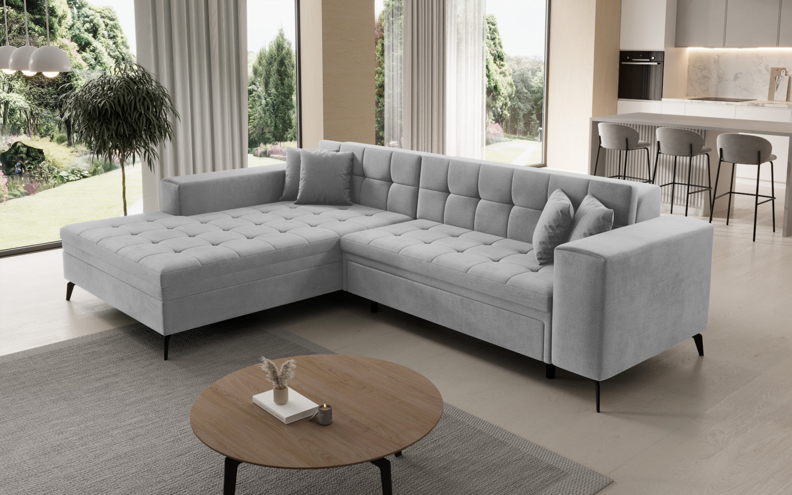 Narożnik Solange lewostronny w kolorze jasnoszarym Monolith 84 to stylowy mebel wypoczynkowy do salonu, który oferuje wygodne siedziska i elegancki design dopasowany do współczesnych aranżacji.