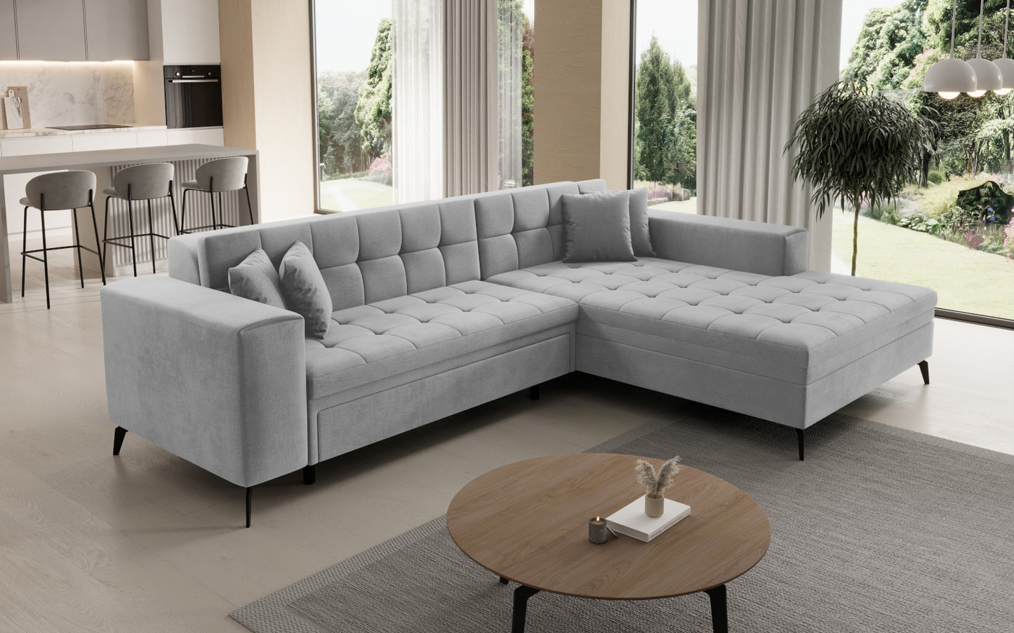 Narożnik Solange prawostronny w kolorze jasnoszarym Monolith 84 to stylowy mebel wypoczynkowy do salonu, który oferuje wygodne siedziska i elegancki design pasujący do nowoczesnych aranżacji.