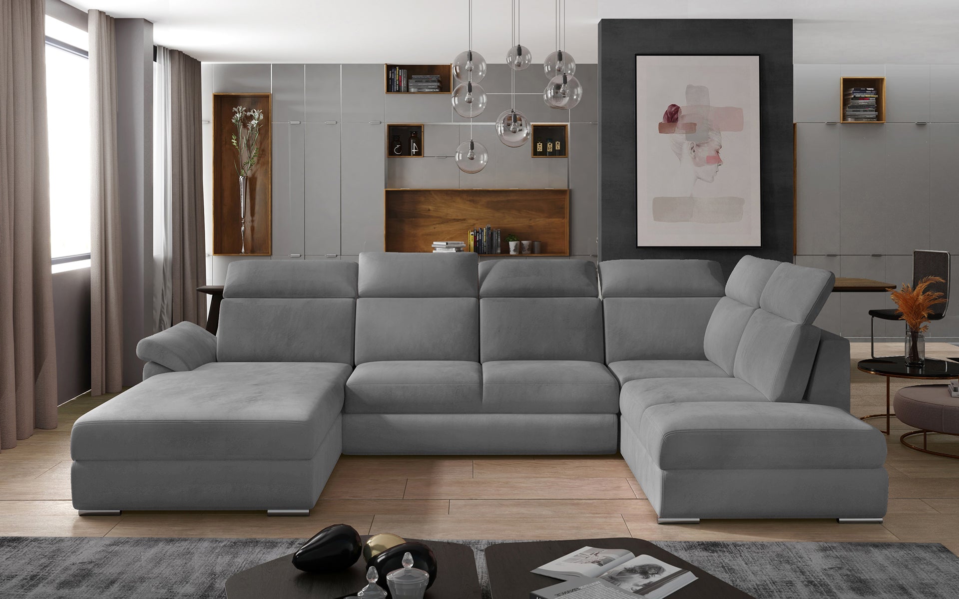 Jasnoszara sofa narożna Evanell z materiału Monolith 84 to funkcjonalny mebel do salonu, który łączy przestronne siedziska z komfortem użytkowania, tworząc idealną przestrzeń wypoczynkową dla całej rodziny