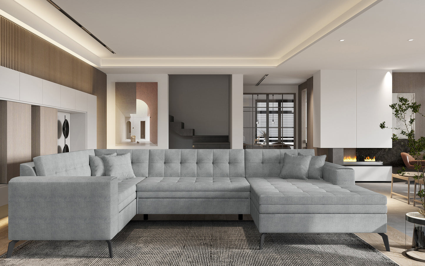 Jasnoszara sofa narożna Montez wykonana z materiału Gojo 4 doskonale wpisuje się w nowoczesne aranżacje, oferując komfortowe siedziska oraz subtelny wygląd pasujący do jasnych i przestronnych salonów