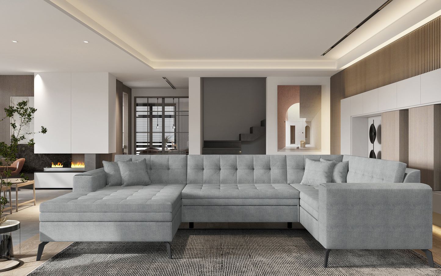 Jasnoszara sofa narożna Montez wykonana z materiału Gojo 4 doskonale pasuje do nowoczesnych i minimalistycznych aranżacji, oferując komfortowe siedziska oraz estetyczny wygląd dopasowany do jasnych wnętrz