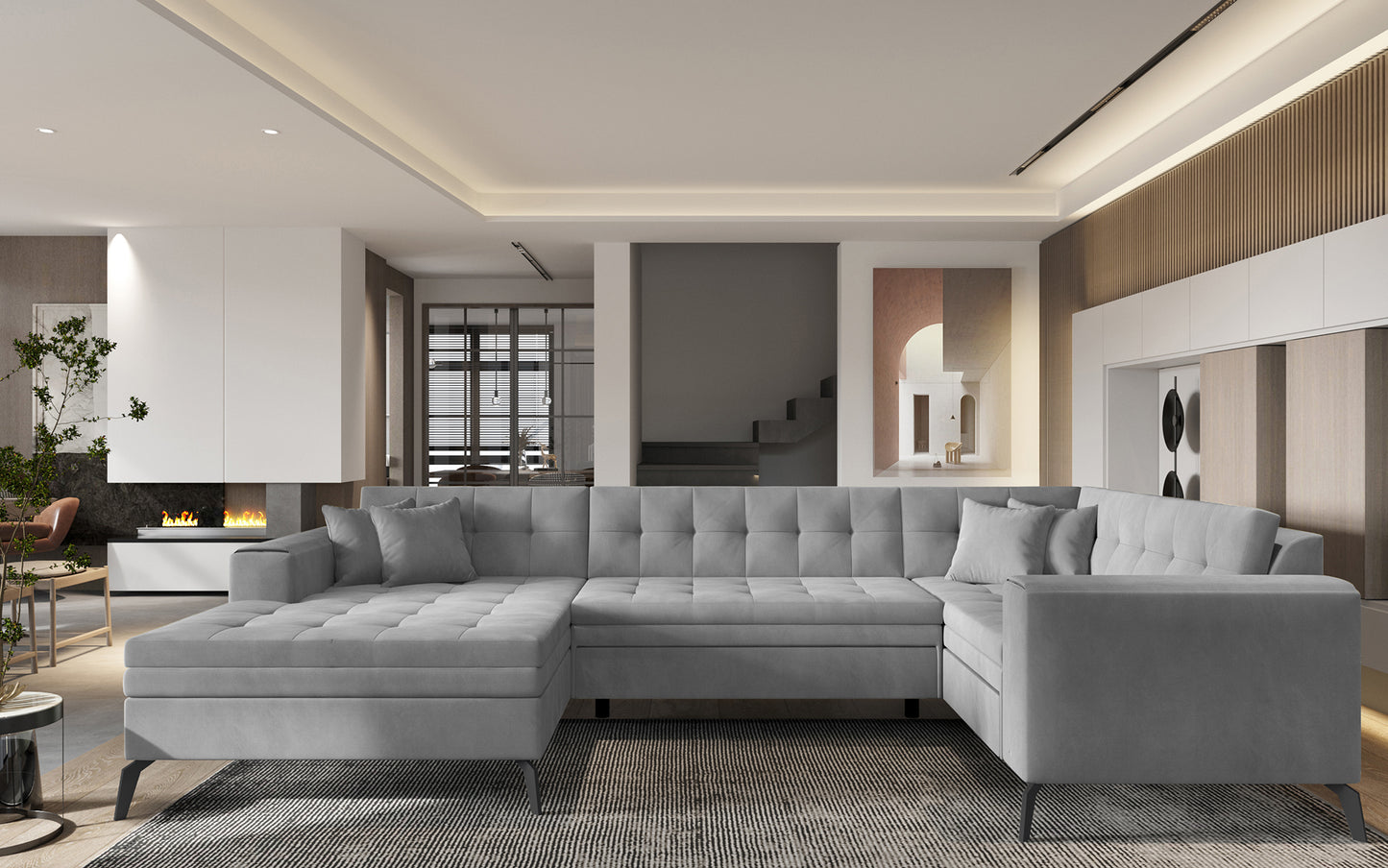 Jasnoszara sofa narożna Montez wykonana z materiału Nube 3 wyróżnia się subtelnym odcieniem i wygodnymi siedziskami, dzięki czemu doskonale sprawdzi się w nowoczesnych aranżacjach salonu