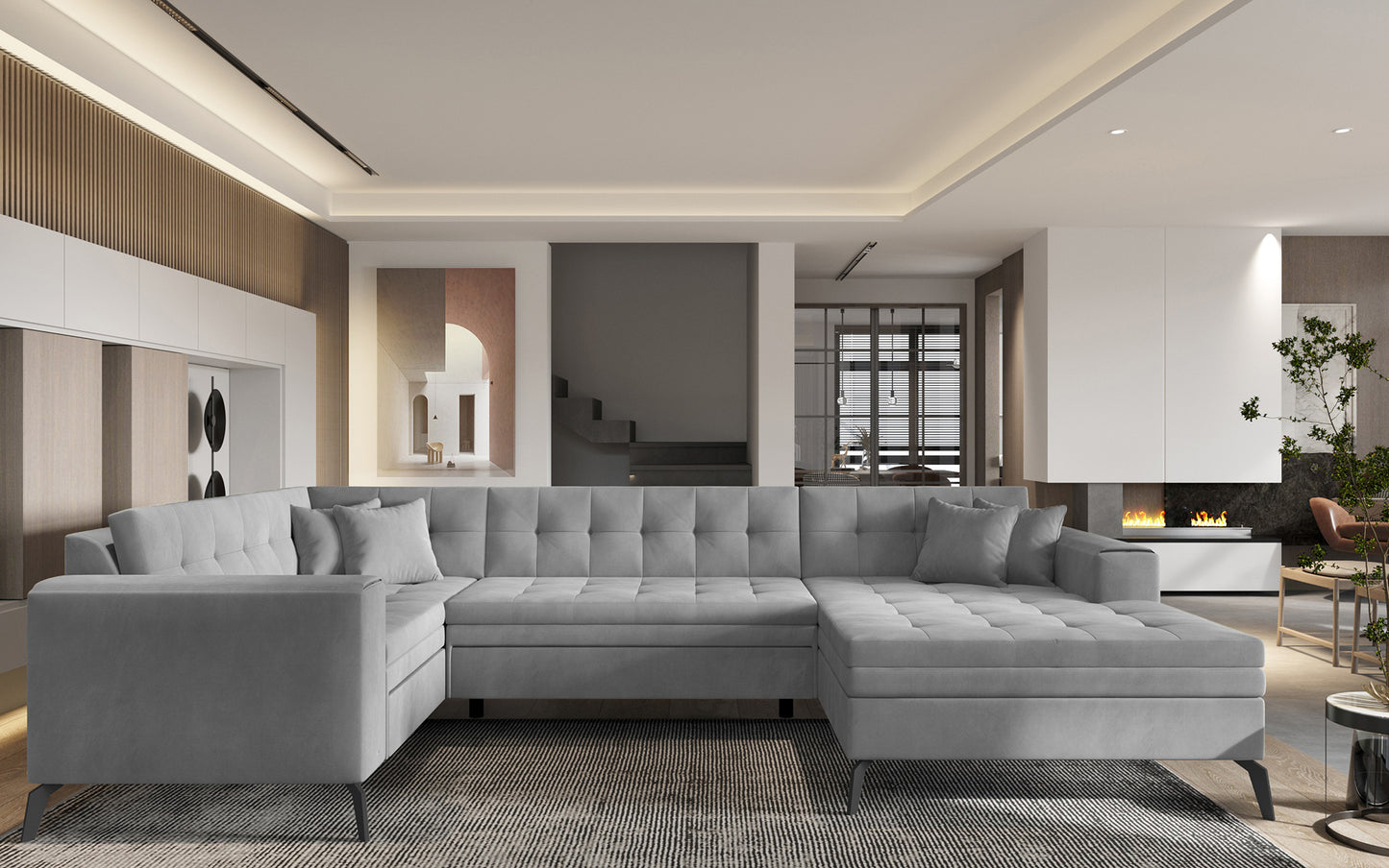 Sofa narożna Montez w jasnoszarym odcieniu z materiału Nube 3 doskonale sprawdzi się w minimalistycznych aranżacjach, oferując komfortowe siedziska oraz subtelny wygląd dopasowany do współczesnych trendów wnętrzarskich