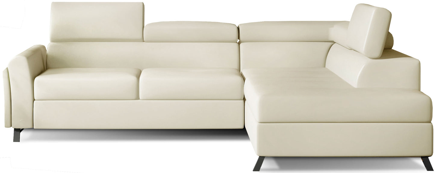 Jasnobeżowy narożnik Kairos prawy w tkaninie Soft 33 prezentuje ciepłą, neutralną kolorystykę, prawostronny szezlong i przestronne siedziska, tworząc wygodne miejsce do relaksu w salonie.