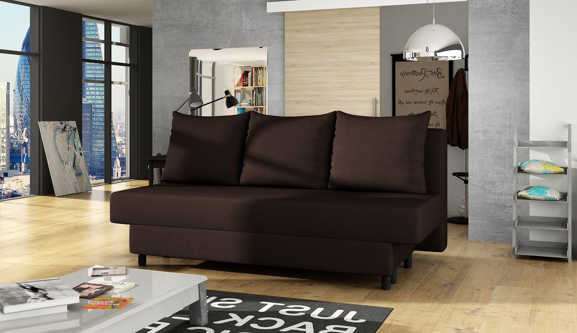 Kanapa Amaza Sawana 16 brązowy w nowoczesnym salonie z drewnianą podłogą i designerskimi dodatkami.