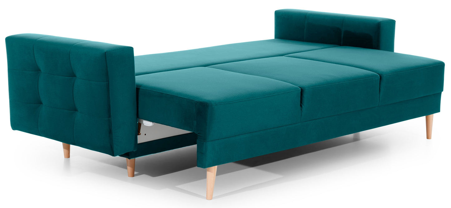 Kanapa Asgard MatVelvet 75 zielony rozłożona do funkcji spania – wygodna sofa z dużą powierzchnią do odpoczynku.