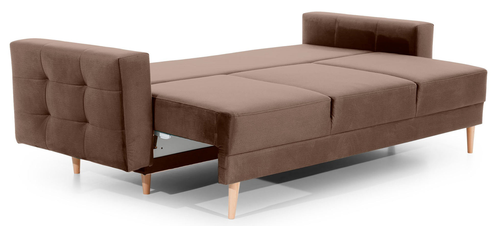 Kanapa Asgard Monolith 09 jasnobrązowy rozłożona do funkcji spania – wygodna sofa z dużą powierzchnią do odpoczynku i eleganckim wykończeniem.