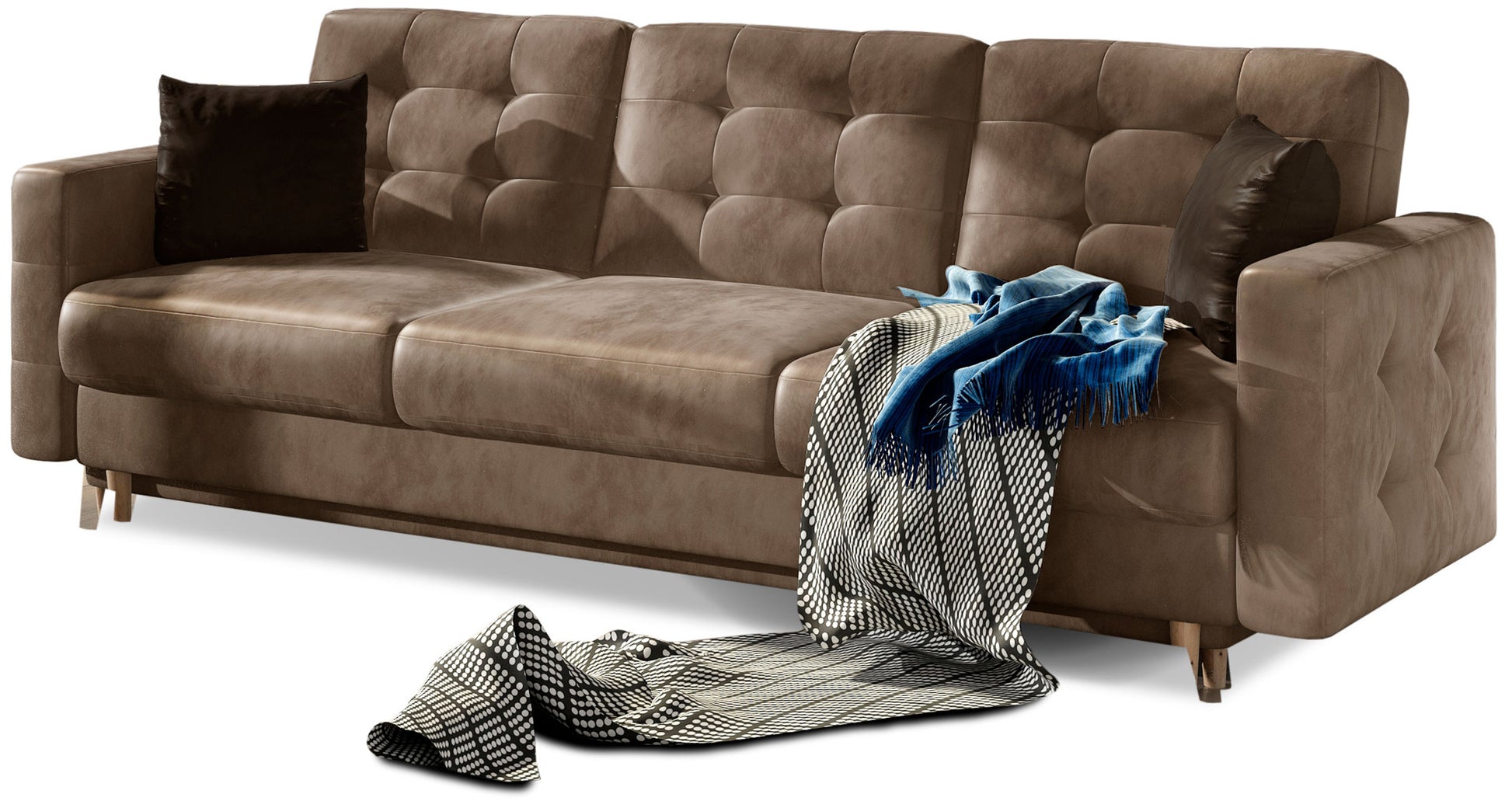 Kanapa Asgard w kolorze Monolith 09 jasnobrązowy z poduszkami w tkaninie Monolith 29 brązowy – elegancka sofa trzyosobowa z pikowanym oparciem i drewnianymi nogami.