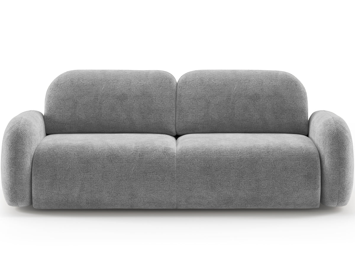 Kanapa Avuela w szarym kolorze, widok na wprost na białym tle, z obłą bryłą, szerokim siedziskiem i zaokrąglonymi podłokietnikami