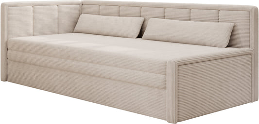 Kremowa sofa narożna z funkcją spania i sztruksową tapicerką – nowoczesny mebel tapicerowany.
