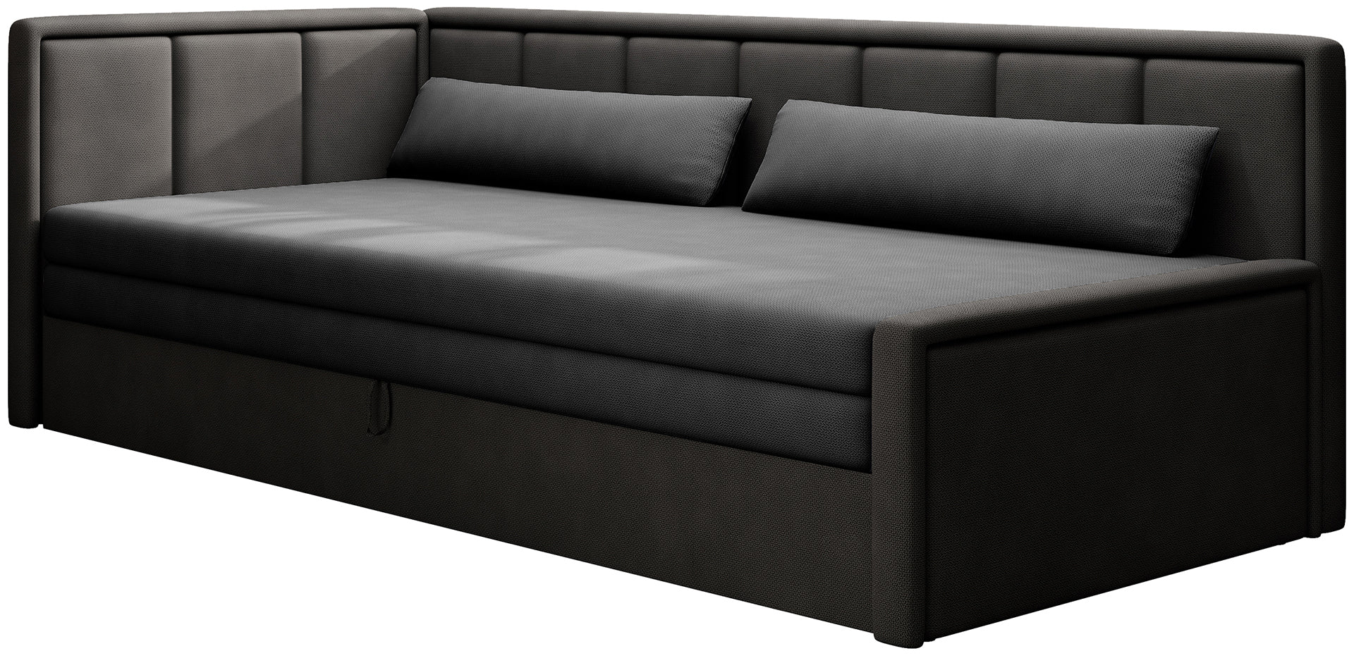 Czarna sofa narożna z funkcją spania i prostym pikowaniem – elegancki mebel tapicerowany do salonu.