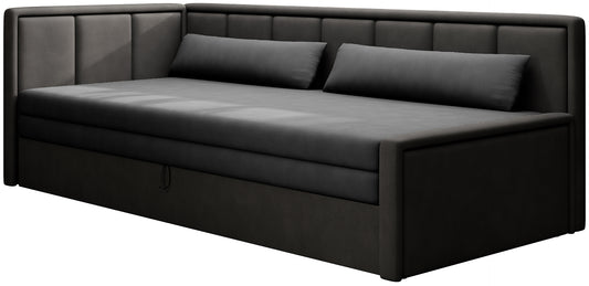 Czarna sofa narożna z funkcją spania i prostym pikowaniem – elegancki mebel tapicerowany do salonu.