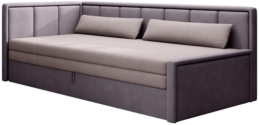 Ciemnoszara sofa narożna z jasnoszarymi poduszkami i funkcją spania – mebel tapicerowany do salonu.