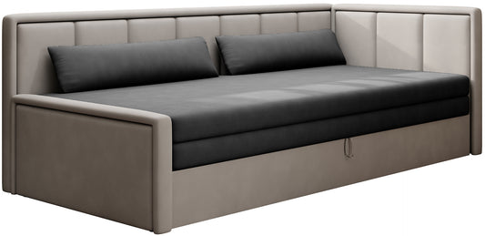 Tapicerowana sofa narożna w kolorze taupe z czarnym siedziskiem i funkcją spania – nowoczesny mebel.