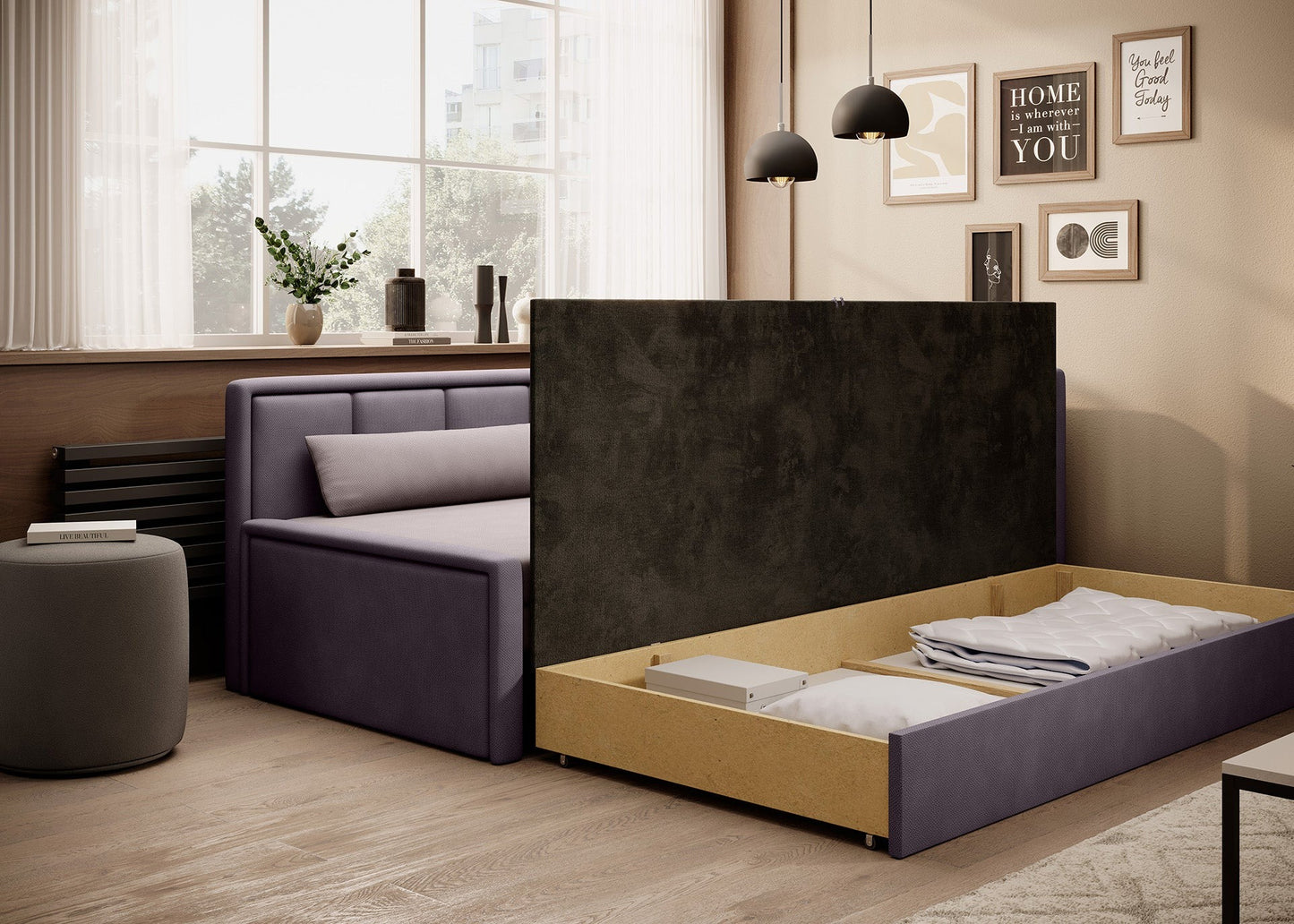 Sofa z funkcją spania i otwartym pojemnikiem na pościel – mebel w eleganckim salonie.