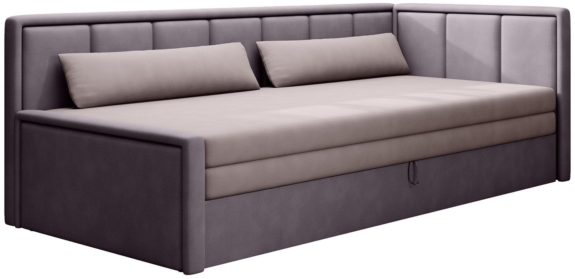 Fioletowa sofa narożna z funkcją spania i jasnobeżowymi poduszkami – tapicerowany mebel do salonu.