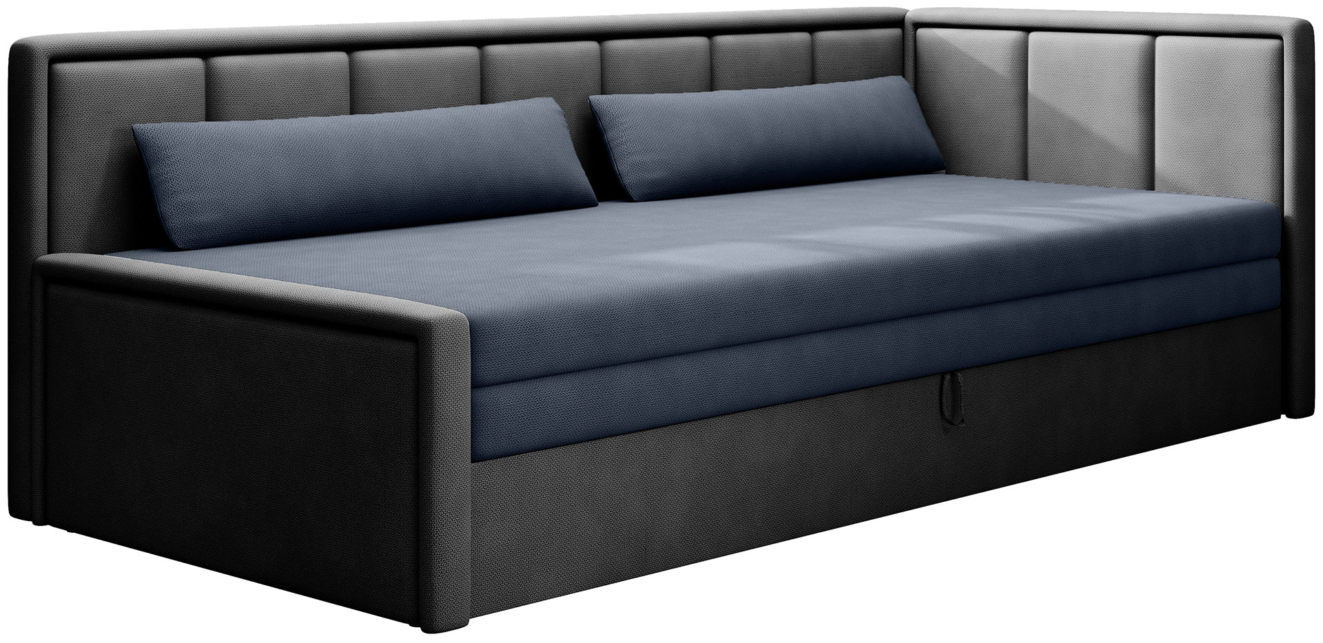 Granatowo-czarna sofa narożna z funkcją spania i wysokim oparciem – mebel tapicerowany do salonu.