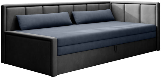 Granatowo-czarna sofa narożna z funkcją spania i wysokim oparciem – mebel tapicerowany do salonu.