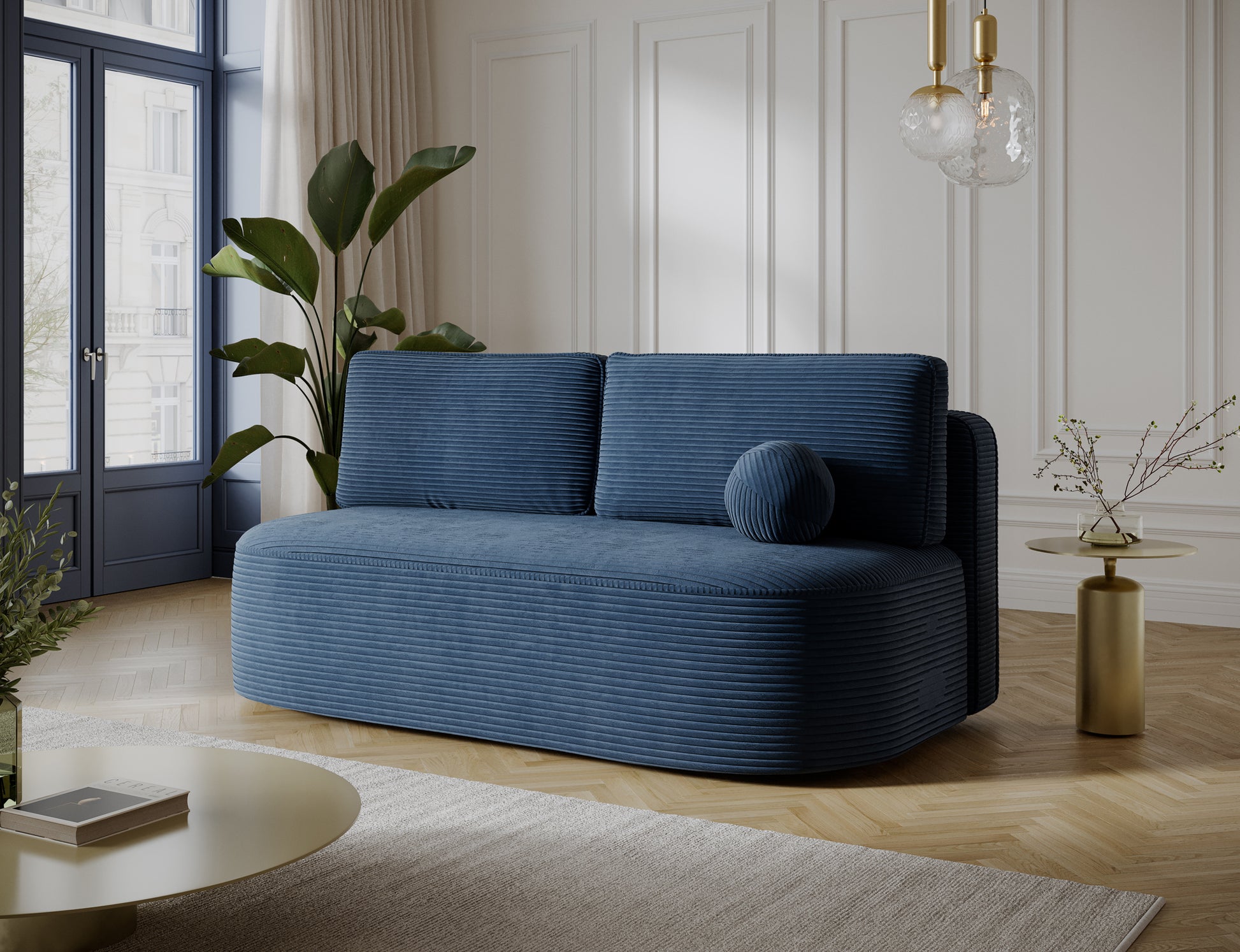 Kanapa Lilana Jarell 40 ciemnoniebieska ujęcie skośne, nowoczesna sofa bez podłokietników idealna do niewielkiego, eleganckiego salonu.