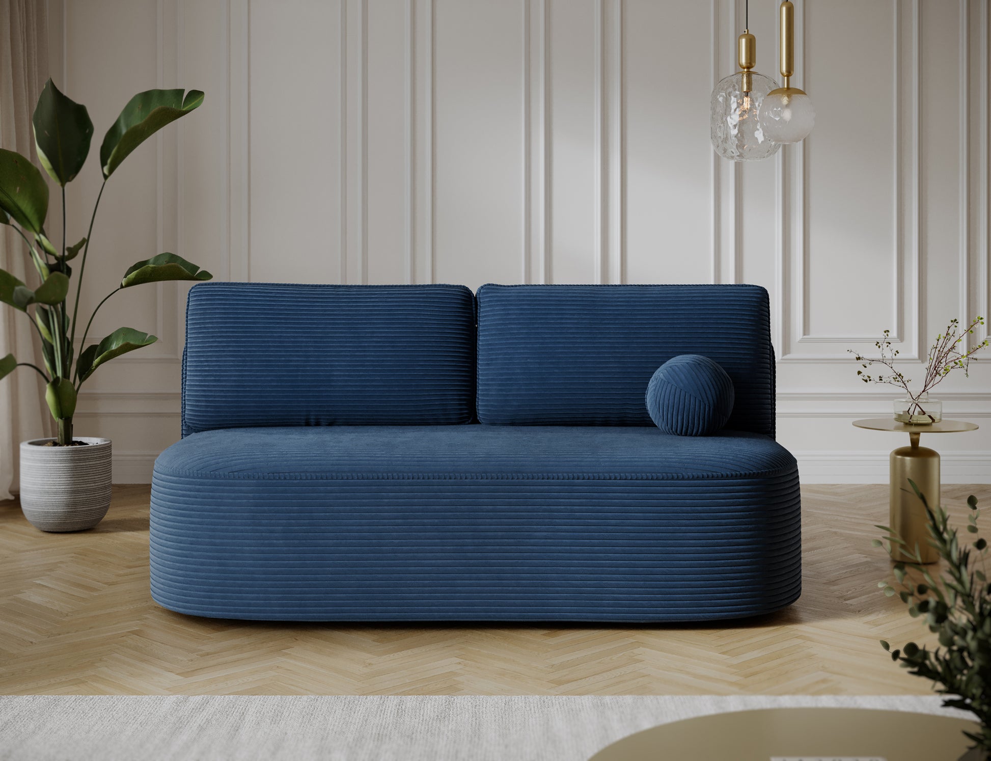 Kanapa Lilana Jarell 40 ciemnoniebieska widok z przodu, designerska sofa bez boków idealna do eleganckiego, przestronnego salonu.